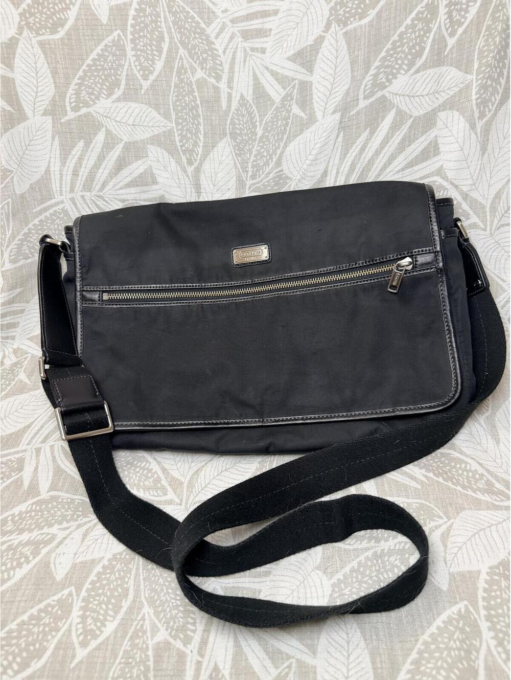 Classic Black Coach Nylon Messenger Bag with Leather Trim